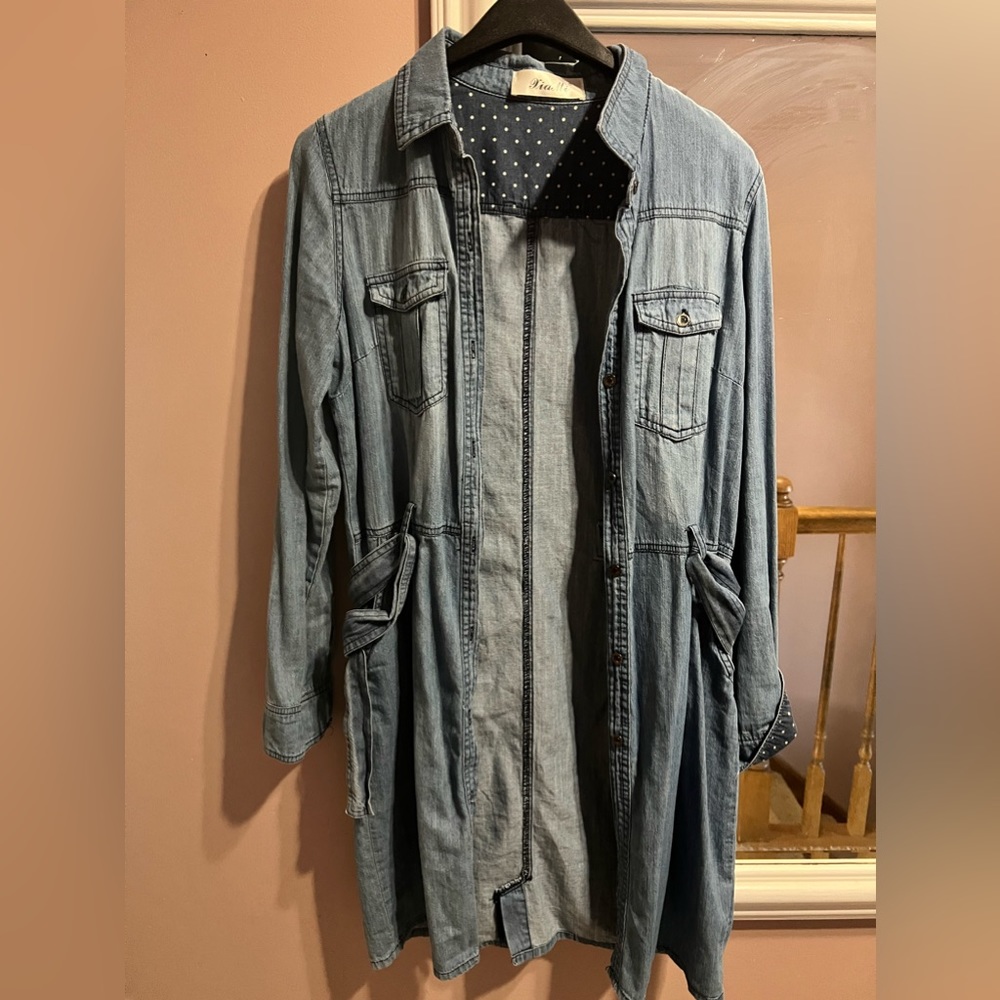 Long jeans blouse sz S with tie belt